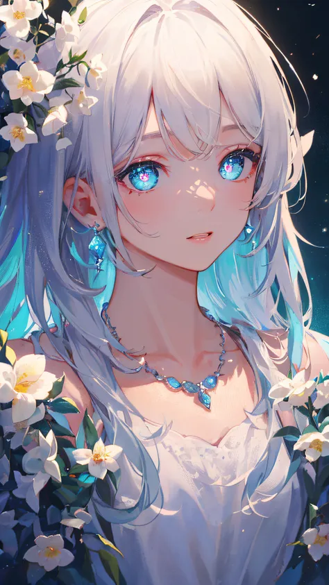 masterpiece, best quality, illustration, sax blue, platinum earrings, platinum necklace, white dress, 1girl, cute, (dynamic lighting:1.2), cinematic lighting, delicate facial features, detailed eyes, sharp pupils, realistic pupils, depth of field, bokeh, s...