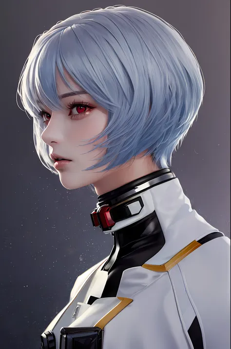 1girl, solo, photography, portrait of reiayanami girl wear white suit in sci-fi hanggar, bokeh, realistic, absurdes, detailed,