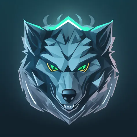 a detailed illustration face wolf,magic, esports, glowing green, howling, shield shaped logo, #69e200 hex, dark blue second colo...