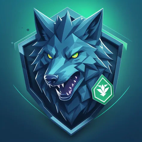 a detailed illustration face wolf,magic, esports, glowing green, howling, shield shaped logo, #69e200 hex, dark blue second colo...