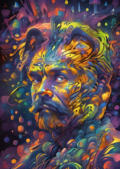 (high resolution, incredibly detailed, masterpiece), portrait of friedrich nietzsche, featuring fractal geometry in (vibrant col...