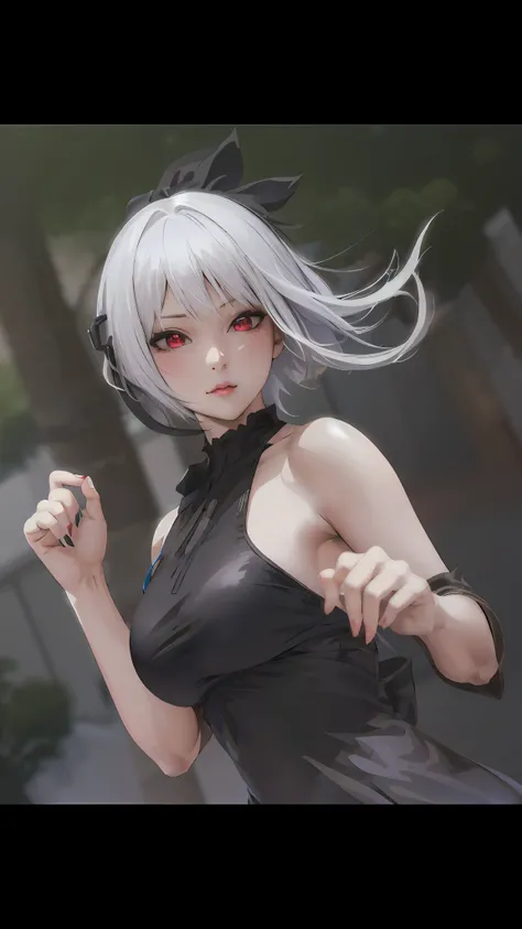 anime girl with white hair and black dress on the street, photorealistic anime girl rendering, smooth anime cg art, anime style....