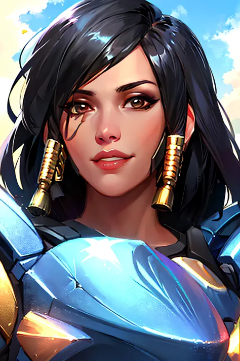 portrait, pharah, full armor, hopeful smile, sky background, sunlight, best quality