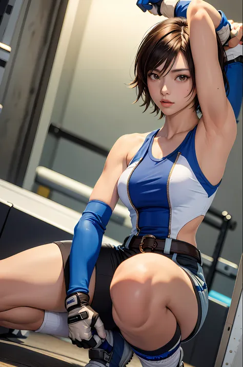 (masterpiece, premium quality: 1.2), alone, strong, 1girl (kazama asuka), short brown hair, brown eyes, crouched in the gym, arm...