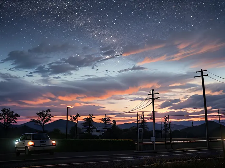 the sky of alafed，several clouds and cars driving on the road, moody sunset in background, dusk sunset in background, sky settin...