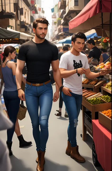 handsome, manly street vendor, in a bustling and lively street market filled with vendors selling an array of goods, vibrant atm...