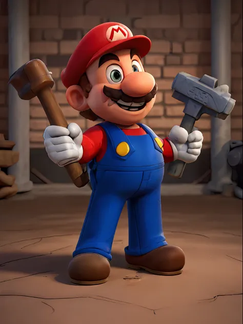 RAW photo, Super Mario holding a big hammer, highly detailed textures, tired, run down, deep skin pores, red Super Mario hat, perfect lighting, photorealism, photo realistic, hard focus, smooth, depth of field, 8K UHD, photo taken by a Sony Alpha 1 , 85mm ...