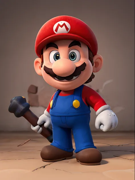 RAW photo, Super Mario holding a big hammer, highly detailed textures, tired, run down, deep skin pores, red Super Mario hat, perfect lighting, photorealism, photo realistic, hard focus, smooth, depth of field, 8K UHD, photo taken by a Sony Alpha 1 , 85mm ...