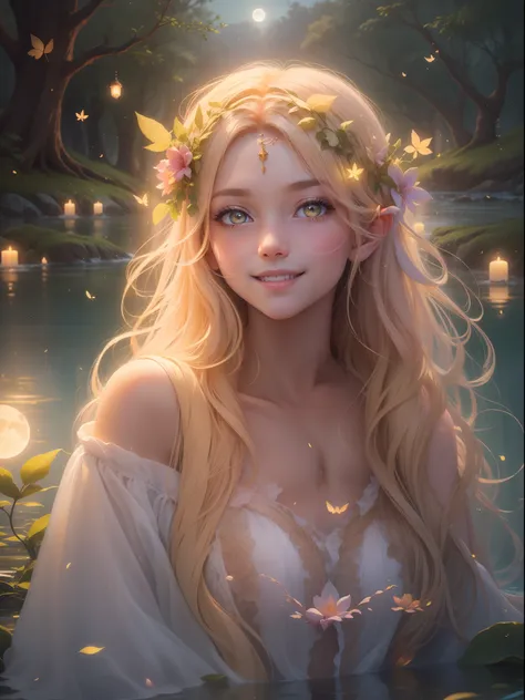 --nymph --graceful --fluttering --bright eyes --radiant skin --golden hair --charming smile --bathing in soft moonlight,
--scene...