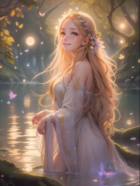 --nymph --graceful --fluttering --bright eyes --radiant skin --golden hair --charming smile --bathing in soft moonlight,
--scene...