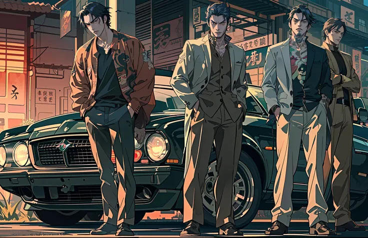 five yakuza, cinematic full shot camera, ((((high detailed)))), (camera fs), art style, ground level camera, (perfect bodies), (...