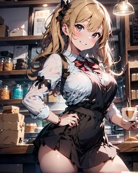 highres, ultra detailed, (1girl:1.3), (dynamic pose):1.0 BREAK, upper body image, ((1 extremely cute and pretty coffe shop girl standing at counter in coffee shop)), cashier, wearing a collard shirt and a green knee-length pleats long skirt, black apron, s...