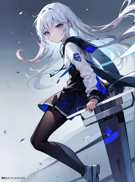 white color hair，blue hairs，black tights，blue color eyes，a matural female，ssmile，long whitr hair