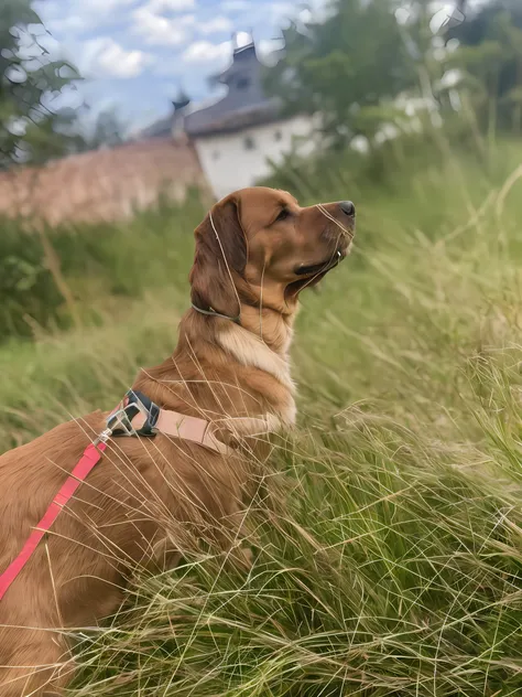 There is a dog that is sitting on the grass with a leash, staring into the distance, olhando para longe, Looking away from the camera, orgulhoso olhando para longe, Na grama, em um campo gramado, Na grama alta, suave em segundo plano, looking away from cam...