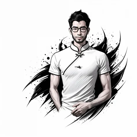 best quality, high quality, 8k, white background, {{{lineart:1.3}}}, 1 chinese man,35 year old,black hair,under cut hair,wear gl...