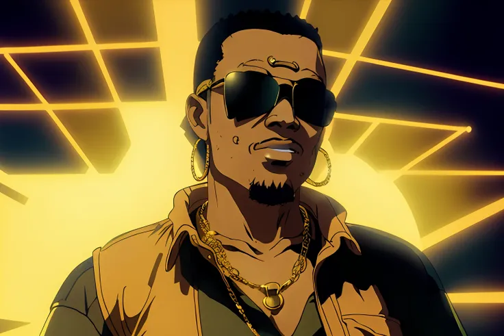 hip hop singer, hip hop clothes, sun glases, gold chains and rings