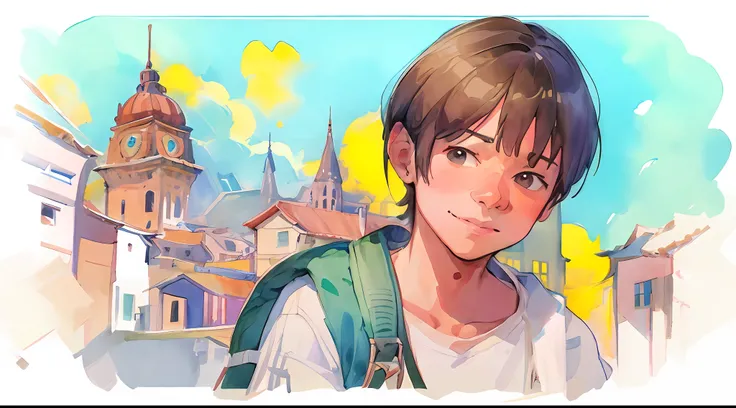 menino com fone de ouvido e mochila nas costas em uma viagem na cidade (manter as mesmas caracteristicas do menino fone e mochila em todas as imagens)