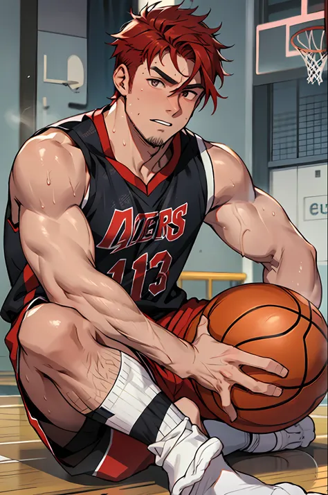 male, masculine, hirsute, red hair, european, flex, pale skin, sweat, basketball player, holding basketball, full body, barefoot...