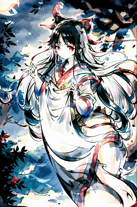 masterpiece, best quality,1girl, long white hair, long hair, white hair, chalk white skin, pale skin, moonlight, river, moonlight on river, red markings, pale green eyes, floating, spirit, ghost, beautiful girl,