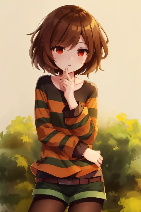 ((best quality)), ((masterpiece)), (detailed), undertale frisk, brown hair, (brown shorts: 1.3), bob cut, short hair, black pant...