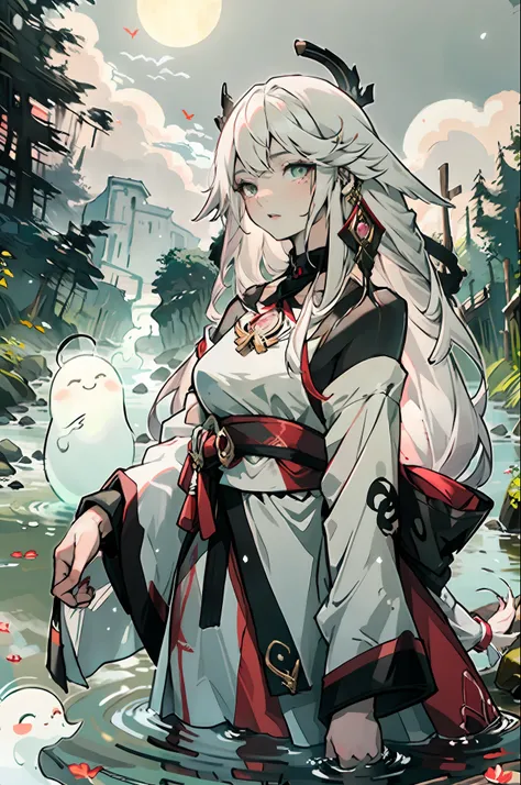 masterpiece, best quality,1girl, long white hair, long hair, white hair, chalk white skin, pale skin, moonlight, river, moonlight on river, red markings, pale green eyes, floating, spirit, ghost, beautiful girl, low exposure, pale green eye color