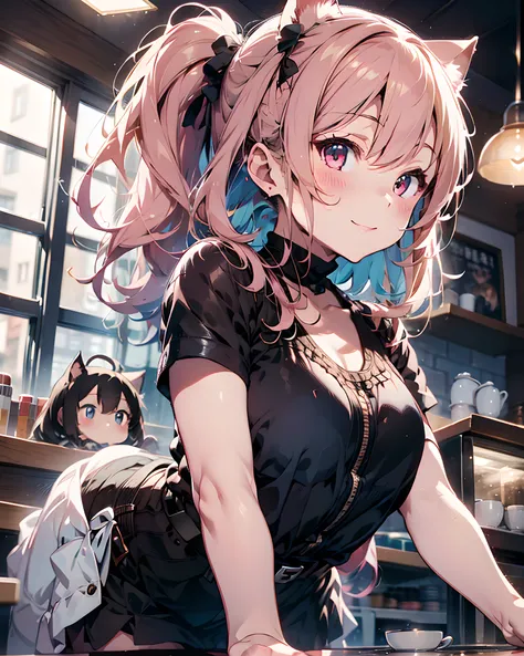 Anime style illustration, highres, ultra detailed, (1girl:1.3), (dynamic pose):1.0 BREAK, cowboy image, top angle, ((1 extremely cute and pretty cafe girl standing at counter in coffee shop)), cashier, wearing a underboob cut-out pink latex bodysuit, belt ...