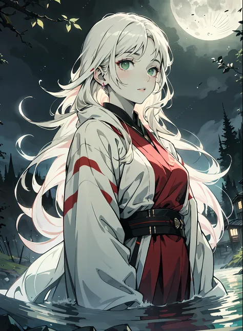 masterpiece, best quality,1girl,  long white hair, long hair, white hair, chalk white skin, pale skin, moonlight, river, moonlig...