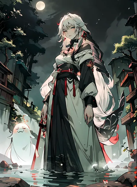 masterpiece, best quality,1girl, long white hair, long hair, white hair, chalk white skin, pale skin, moonlight, river, moonlight on river, red markings, pale green eyes, floating, spirit, ghost, beautiful girl, low exposure, pale green eye color, night s...