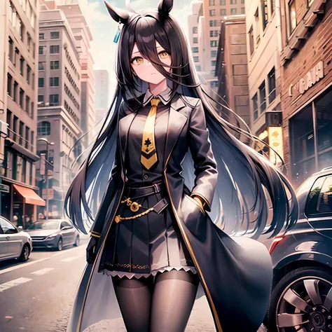 ((masterpiece, best quality)),(1girl in:1.2),manhattan-cafe,manhattan-cafe(Racing Wear),Horse Girl,Horse ears,hair_Bland_Eyes,(Solo:1.2),pantyhose,long_hair, Black_hair, Black Gloves,yellow_Eyes,Ahoge,neck tie,Black_Jacket,Skirt,Black_Footwear