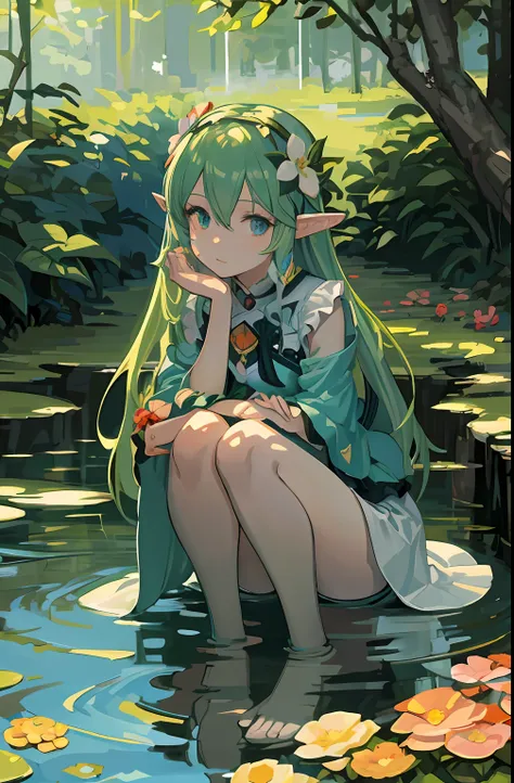 anime girl sitting in the water，flowers and trees in the background, elf girl, loish et wlop, digital anime art, elf princess, g...