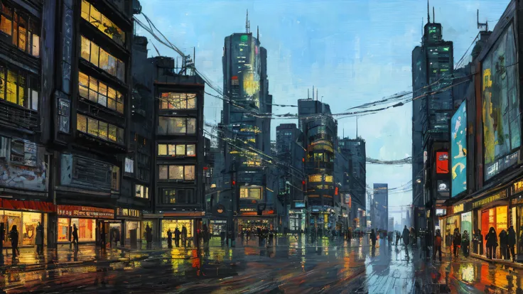 cyberpunk city, street shootout, van gogh, impressionist oil painting