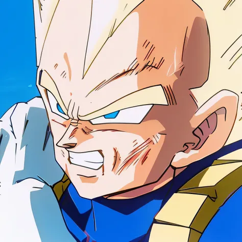 um close up de um personagem de desenho animado com uma camisa azul, vegeta, prince vegeta, with vegeta head hair, super saiyaji...