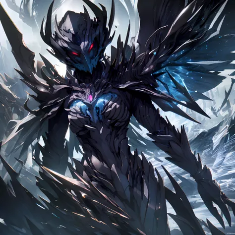 masterpiece, female, highly detailed CG unified 8K wallpapers, 8k uhd, dslr, high quality, clean, best illumination, a god in a black armor, glowing eyes, cinematic, ice wing, godly aura, ultra-high resolution, ultra-high detailed, high-definition, shadowv...