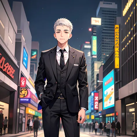 of a guy，uncle，silvery hair，brush cut，black eyes，black blazer，white color blouse，black trousers，malefocus，mall background，ssmile...