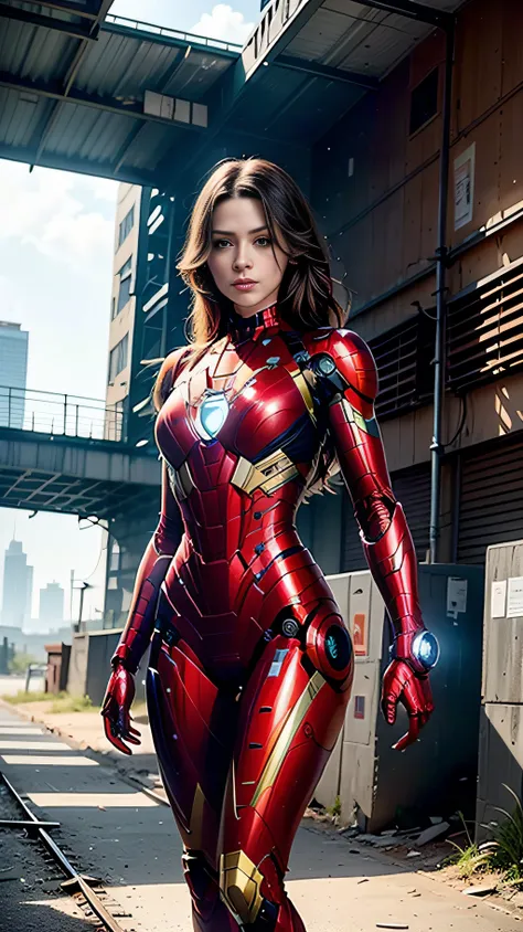 8k, realistic, attractive, highly detailed, a 20 year old girl a sexy and attractive woman inspired by iron man wearing a shiny ...