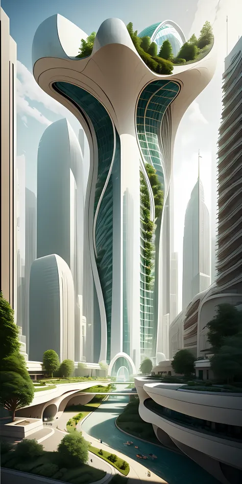 an average building in a futuristic city designed by zaha hadid, a futuristic building, a modern building, sidewalks around the ...