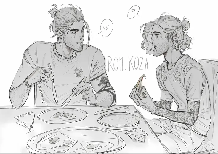 um desenho de duas pessoas sentadas em uma mesa com pizza,