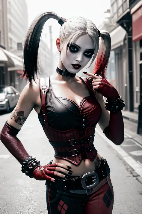 (obra maestra, la mejor calidad:1.2),  harley quinn (ciudad de batman arkham), 1girl, solamente, cabello rubio, colas gemelas, g...