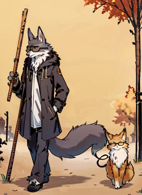 single, anthropomorphic fox, gray-black fur, furry male, golden eyes, glasses, canine, arctic fox, trench coat, detective