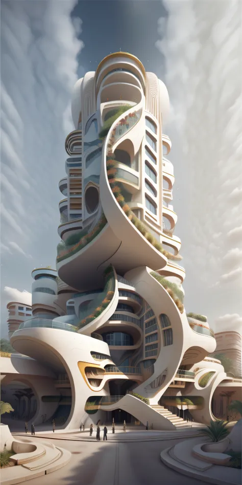 a low-rise building in a futuristic city designed by zaha hadid, a futuristic building, a modern building, sidewalks around the ...