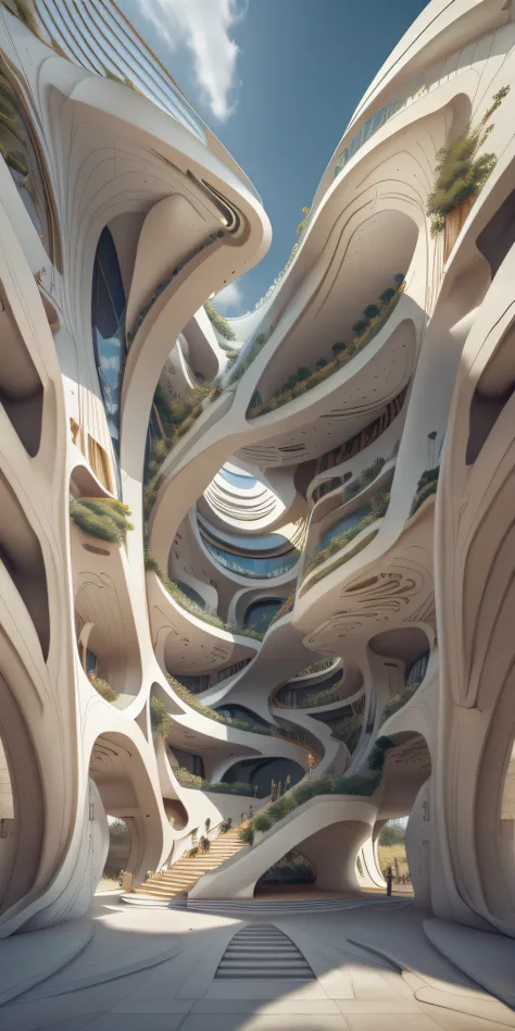 a low-rise building in a futuristic city designed by zaha hadid, a futuristic building, a modern building, sidewalks around the ...