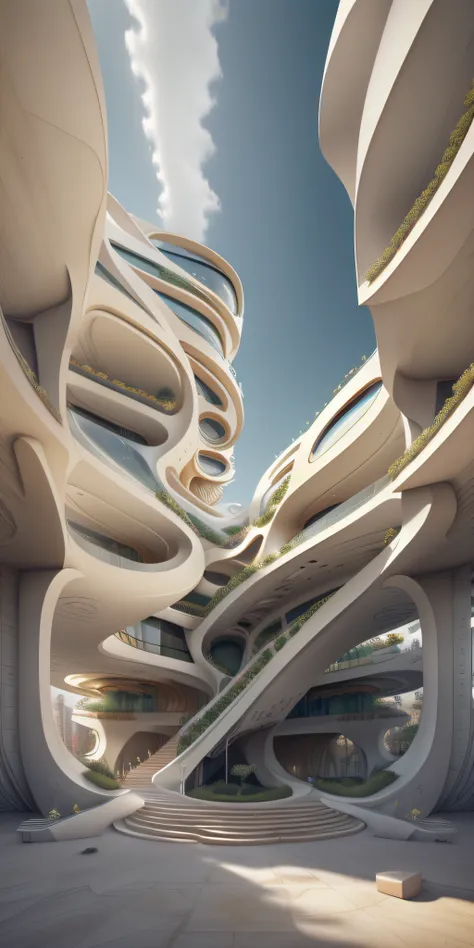 a low-rise building in a futuristic city designed by zaha hadid, a futuristic building, a modern building, sidewalks around the ...