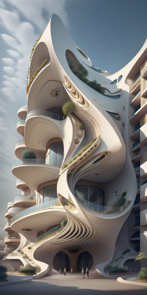 a low-rise building in a futuristic city designed by zaha hadid, a futuristic building, a modern building, sidewalks around the ...