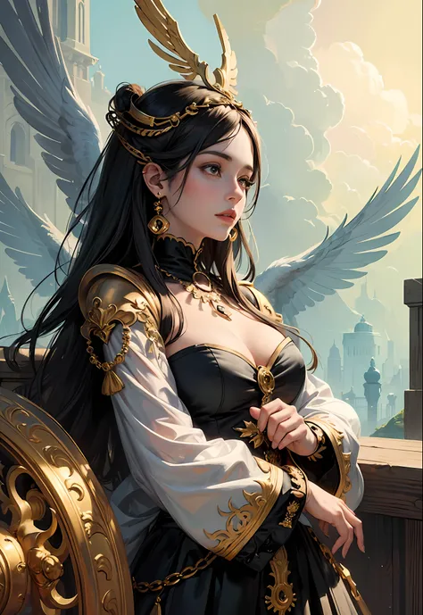 (masterpiece, top quality, best quality, official art, beautiful and aesthetic:1.2), (1girl), extreme detailed,colorful,highest detailed,a digital painting of a girl with birds on her head, symmetrical epic fantasy art, gold black, inspired by, Michael Par...