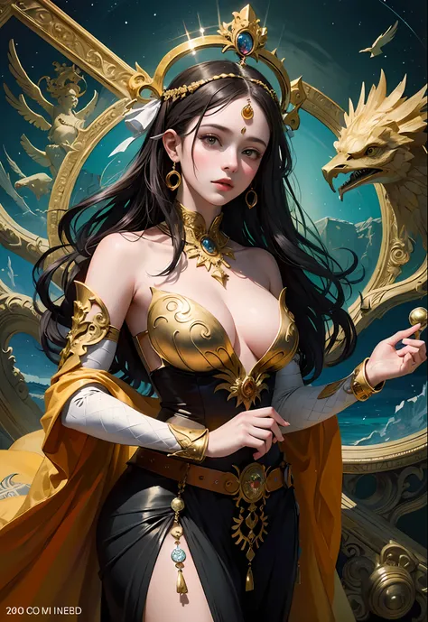 (masterpiece, top quality, best quality, official art, beautiful and aesthetic:1.2), (1girl), extreme detailed,colorful,highest detailed,a digital painting of a girl with birds on her head, symmetrical epic fantasy art, gold black, inspired by, Michael Par...