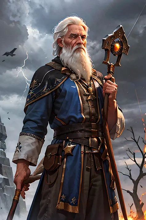 1girl, cowboy shot of old wizard, white hair, beard, white tabard, staff, crow, storm, realistic