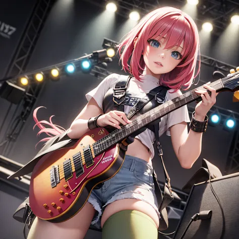 araffe girl with pink hair playing a guitar on stage, ross tran 8 k, artwork in the style of guweiz, detailed digital anime art,...