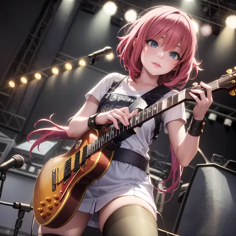 araffe girl with pink hair playing a guitar on stage, ross tran 8 k, artwork in the style of guweiz, detailed digital anime art,...