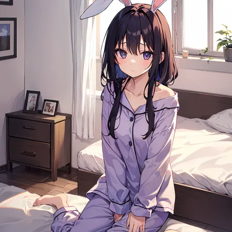 rabbit-eared girl　inside in room　s pajamas　sleepy face　looks sleepy