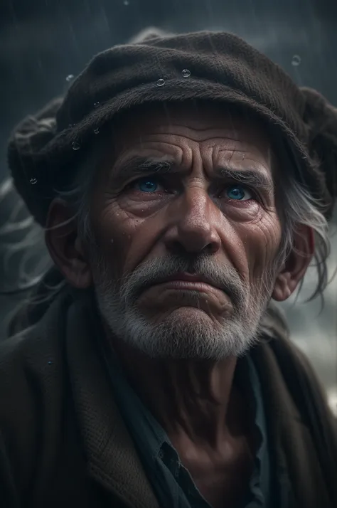 (sharp focus:1.2), an award winning photo of an old man peasant, water droplets, thunderstorm outside, lightning back lighting, ...